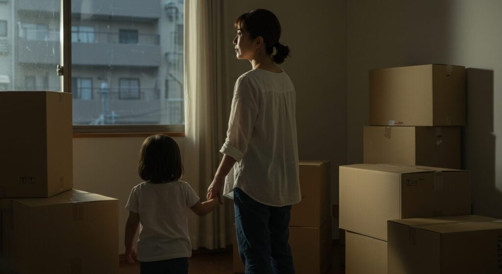 まだ荷物の片付かない新しい部屋で、少し不安そうに窓の外を眺める母親と子供
