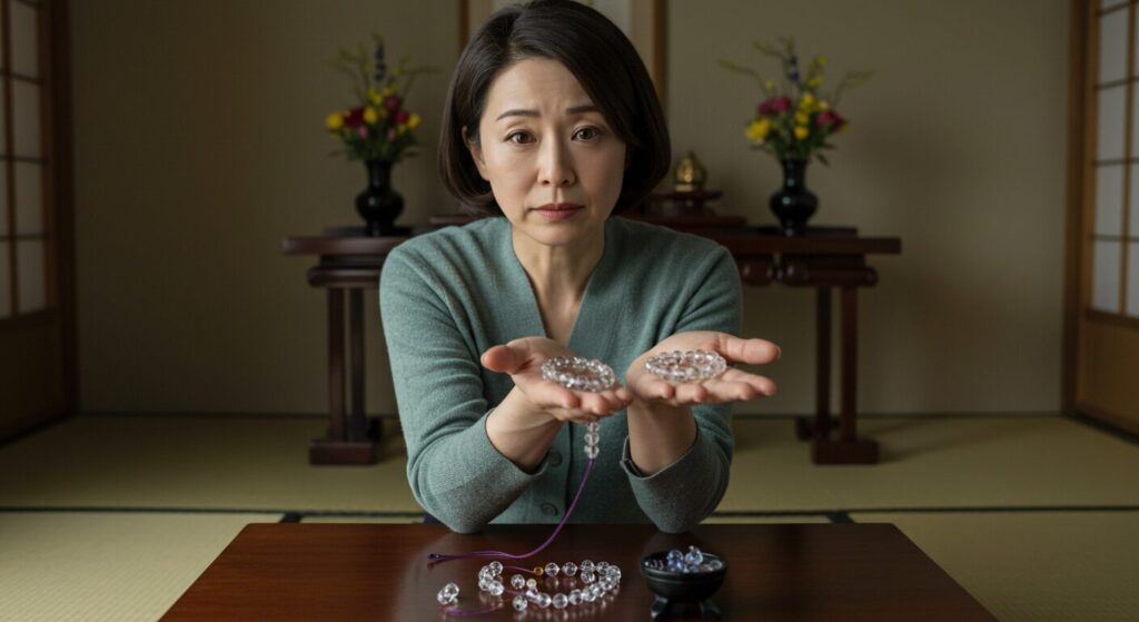 自宅の祭壇の前で、お気に入りのパワーストーンが割れているのを見て少し戸惑う40代の日本人女性