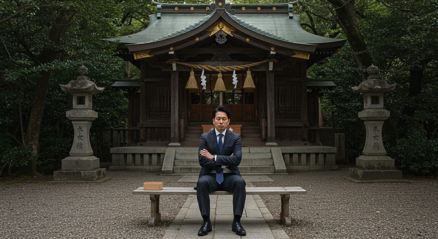 神社の境内のベンチで、目を閉じて深く思考に没頭する、スーツ姿の日本人男性