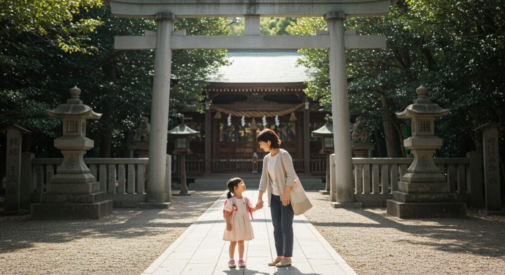 神社の境内で、子供と一緒に笑顔で手を合わせる母親