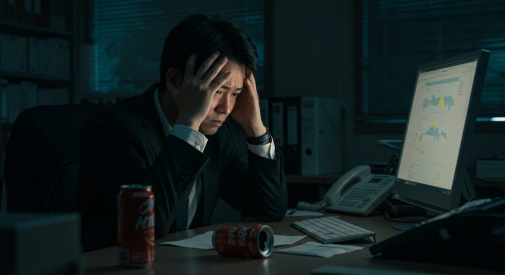 オフィスで頭を抱える30代の日本人ビジネスマン