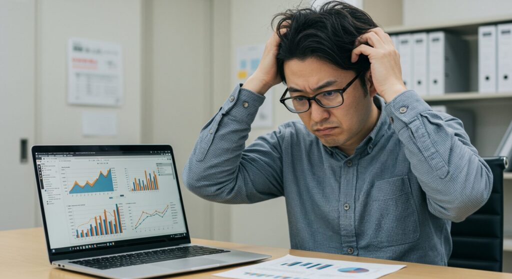 オフィスでPCのデータと睨めっこしながら、納得いかない表情で頭を掻く30代の日本人男性