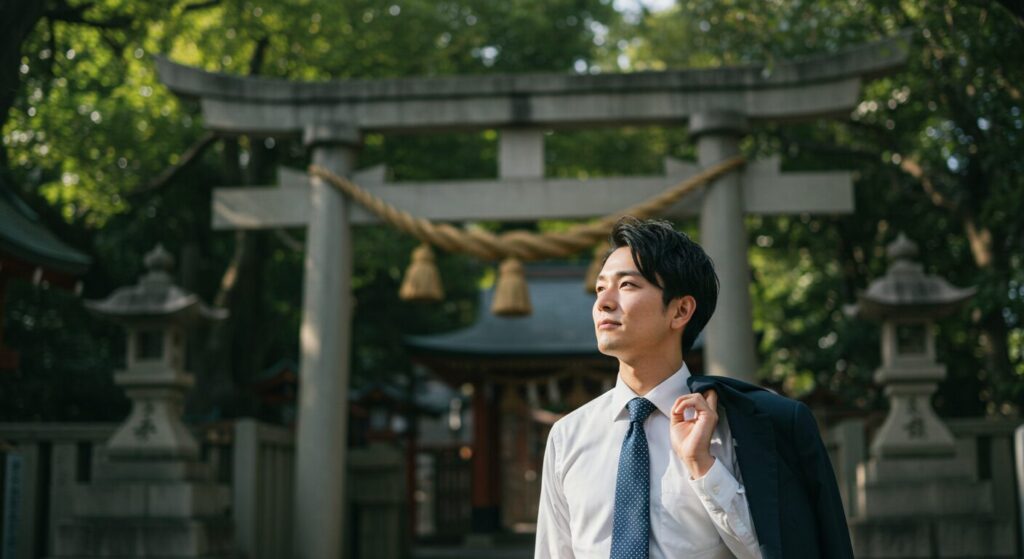 神社の境内で朝日を浴び、決意を新たにする日本人ビジネスマン