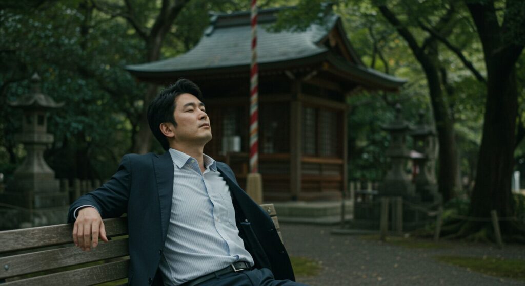 神社の境内にあるベンチに座り、目を閉じて深く思考するスーツ姿の日本人男性