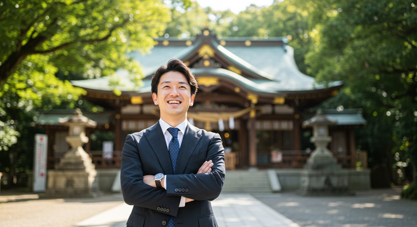 スーツ姿の日本人ビジネスマンが神社の境内で朝日を浴び、晴れやかな表情で前を見据えている