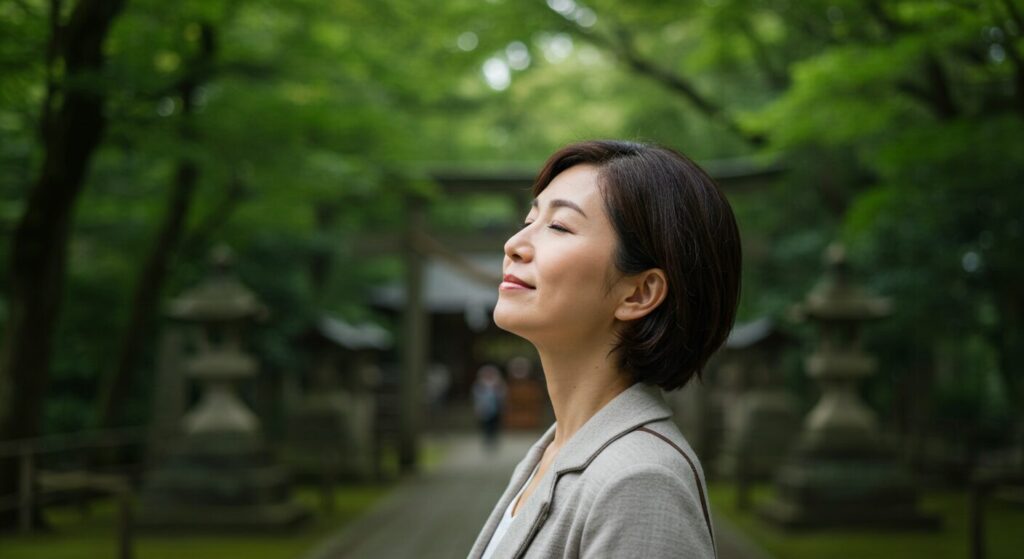 神社の境内で、目を閉じ、穏やかな表情で風を感じている日本人女性