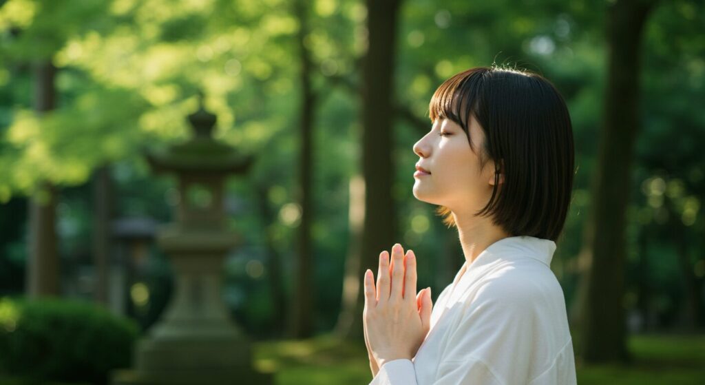 神社で穏やかな表情でお参りする日本人女性