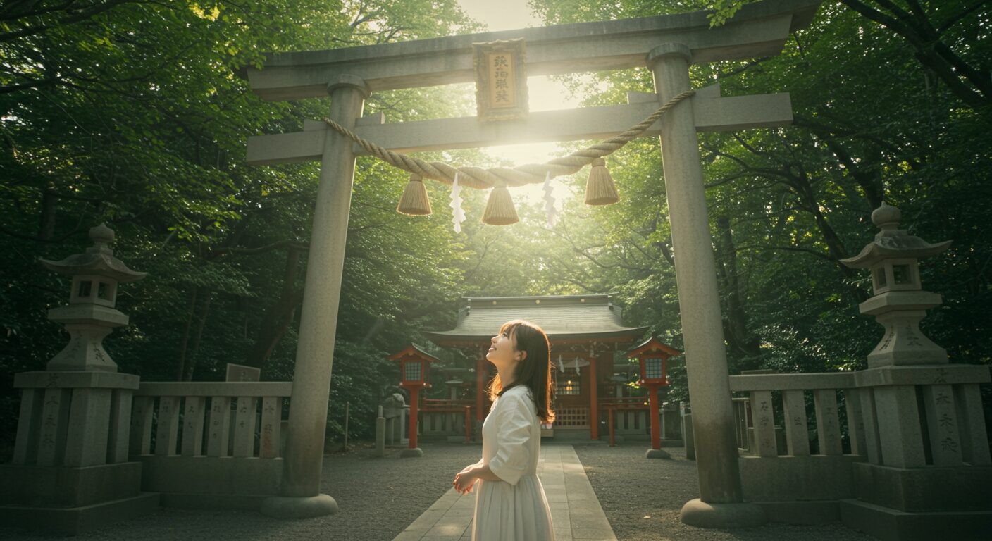 神社の鳥居から差し込む朝日に照らされ、清々しく空を見上げる若い日本人女性